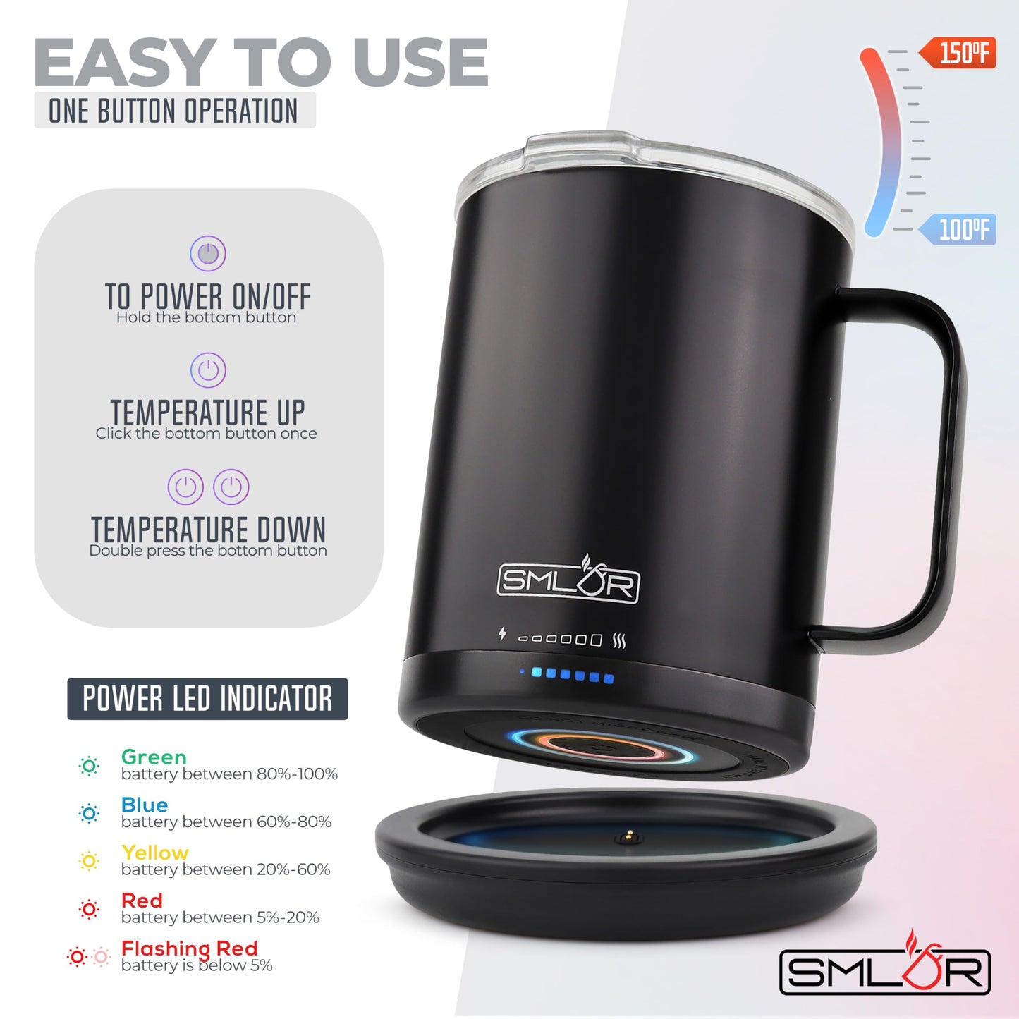 SMLDR Pro Heated Mug, 14 oz Smart Coffee Mug, Self-Heating, Adjustable Temperature, Battery Powered, Great for Coffee & Tea, Excellent Gift (Black)