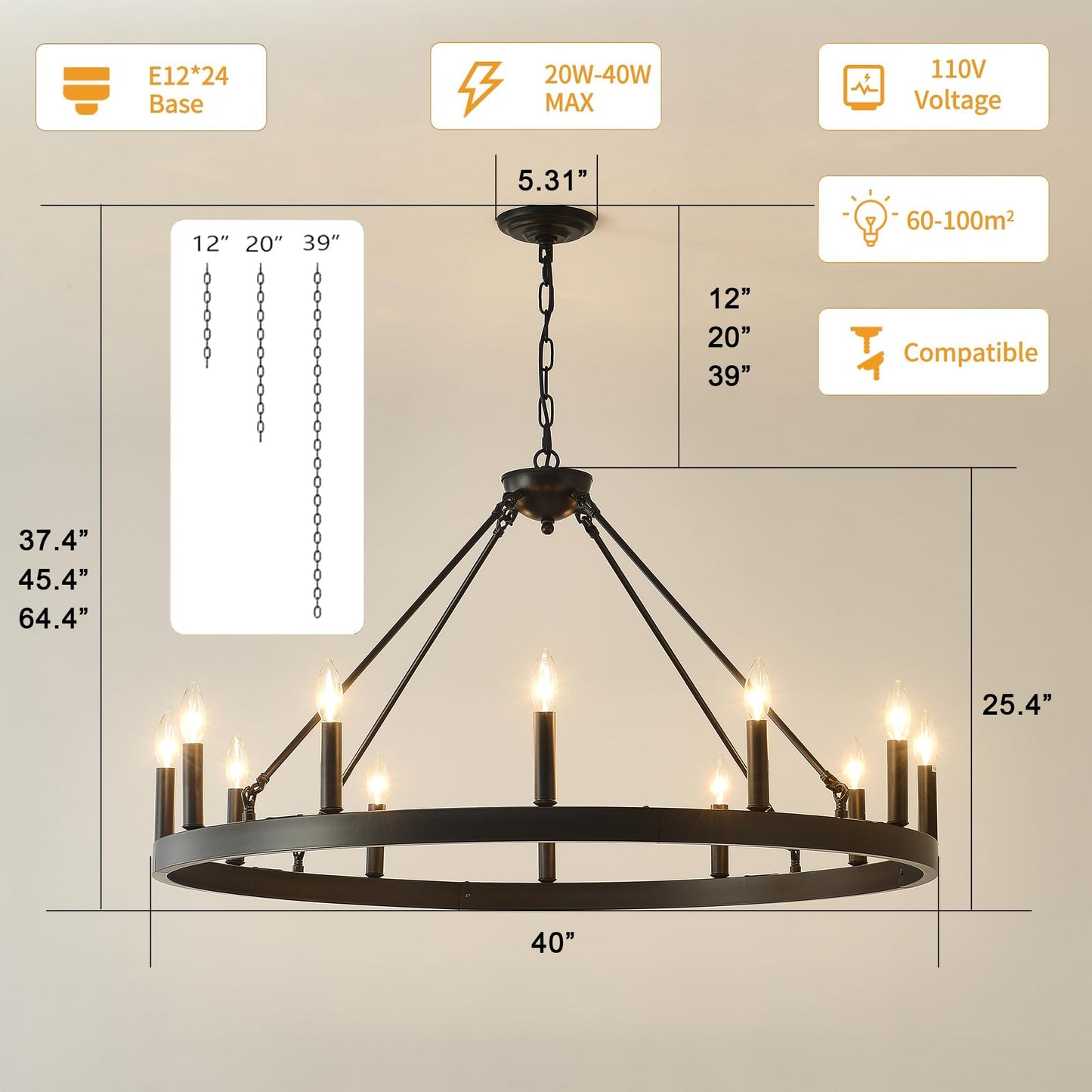 Viksroeo 40 Inch Black Wagon Wheel Chandelier, 12-Lights Farmhouse Industrial Round High Ceiling Pendant Light Adjustable Chain for Outdoor Porch,Foyer,Dining Room, Living Room