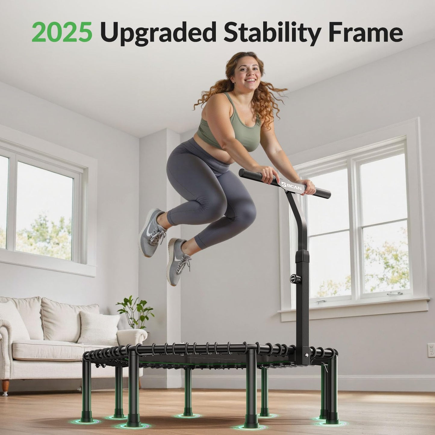 BCAN BT3 51" Octagonal Rebounder Trampoline for Adults, 450LBS Max Load Fitness Trampoline with Large Jumping Area, Silent Bungee Mini Trampoline with T-Adjustable Handle for Home Gym-Green