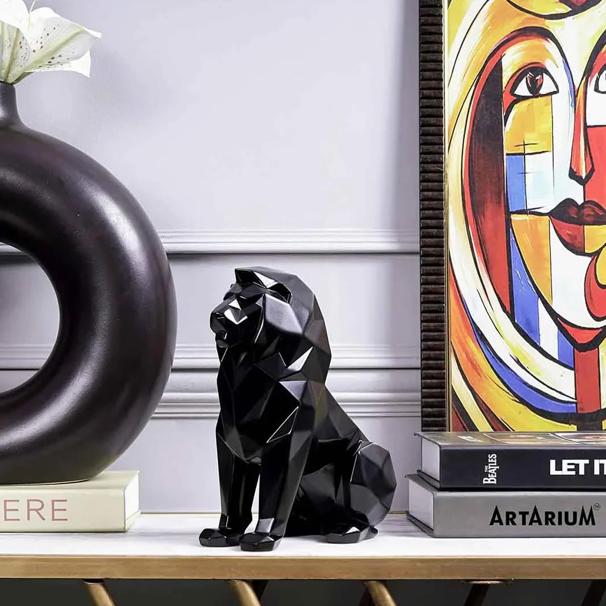 Artarium Geometric Black Lion Statue 7.6 Inch, Modern Resin Lion Figurine for Home Decor, Office Desk, Bookshelf & Coffee Table, Abstract Wildlife Sculpture, Contemporary Interior Decoration Gift