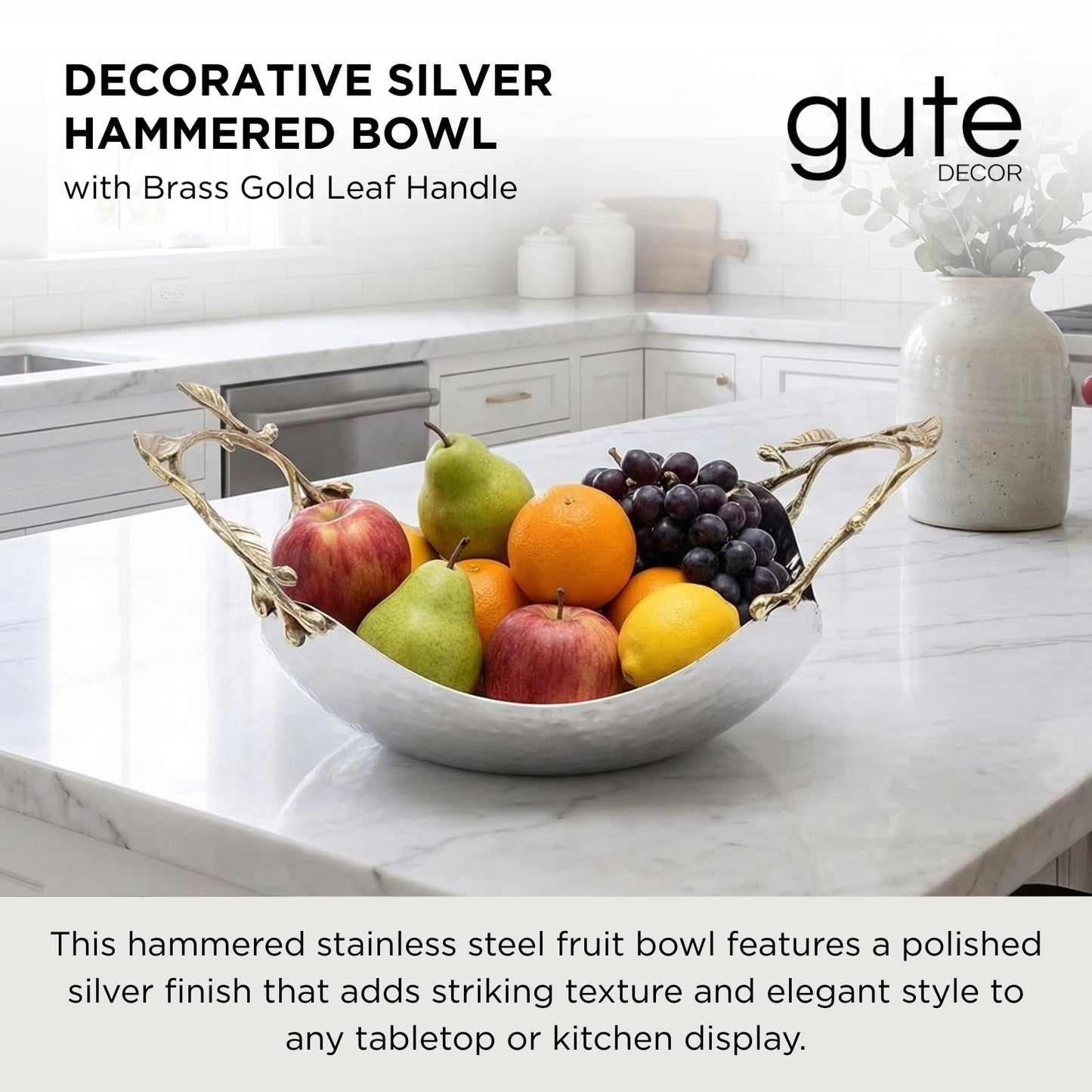 GUTE Decorative Silver Hammered Bowl, Single Piece, 13.78 x 9.45 x 5.51 Inch Stainless Steel Brass Gold Leaf Handle Basket Fruit Holder Organizer Centerpiece Display, Dining Living Room Decor Gift