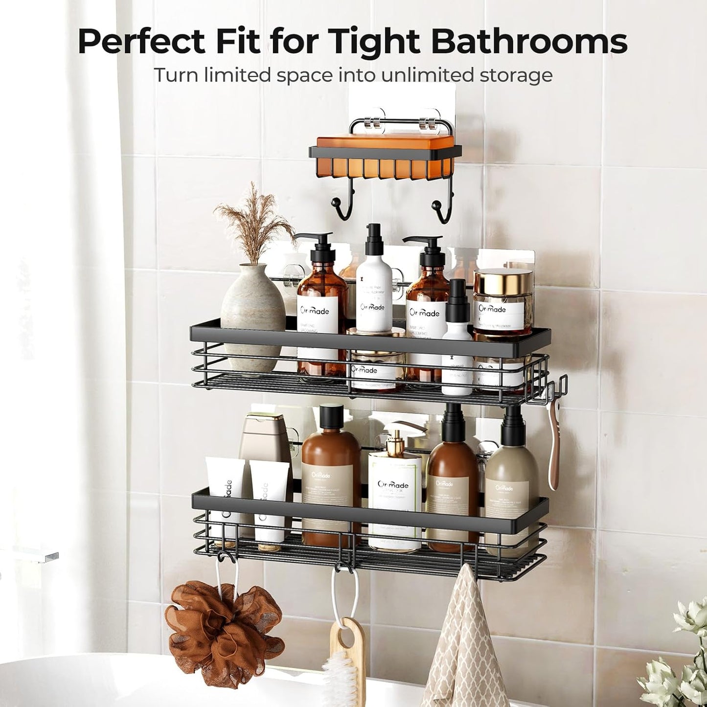 Orimade Shower Caddy - Wall-Mounted Soap Dish Holder with 5 Hooks | No Drilling, Stainless Steel - 3 Pack, Black