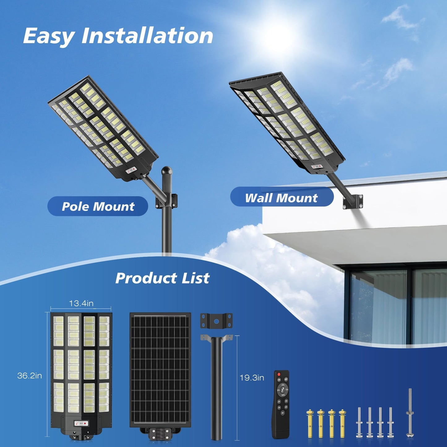 OKPRO 15000W Solar Street Light, 7000K Solar Lights Outdoor Waterproof Motion Sensor, Solar Security Light IP66 Waterproof, Solar Street Lights Outdoor Dusk to Dawn for Parking Lot, Yard, Farm