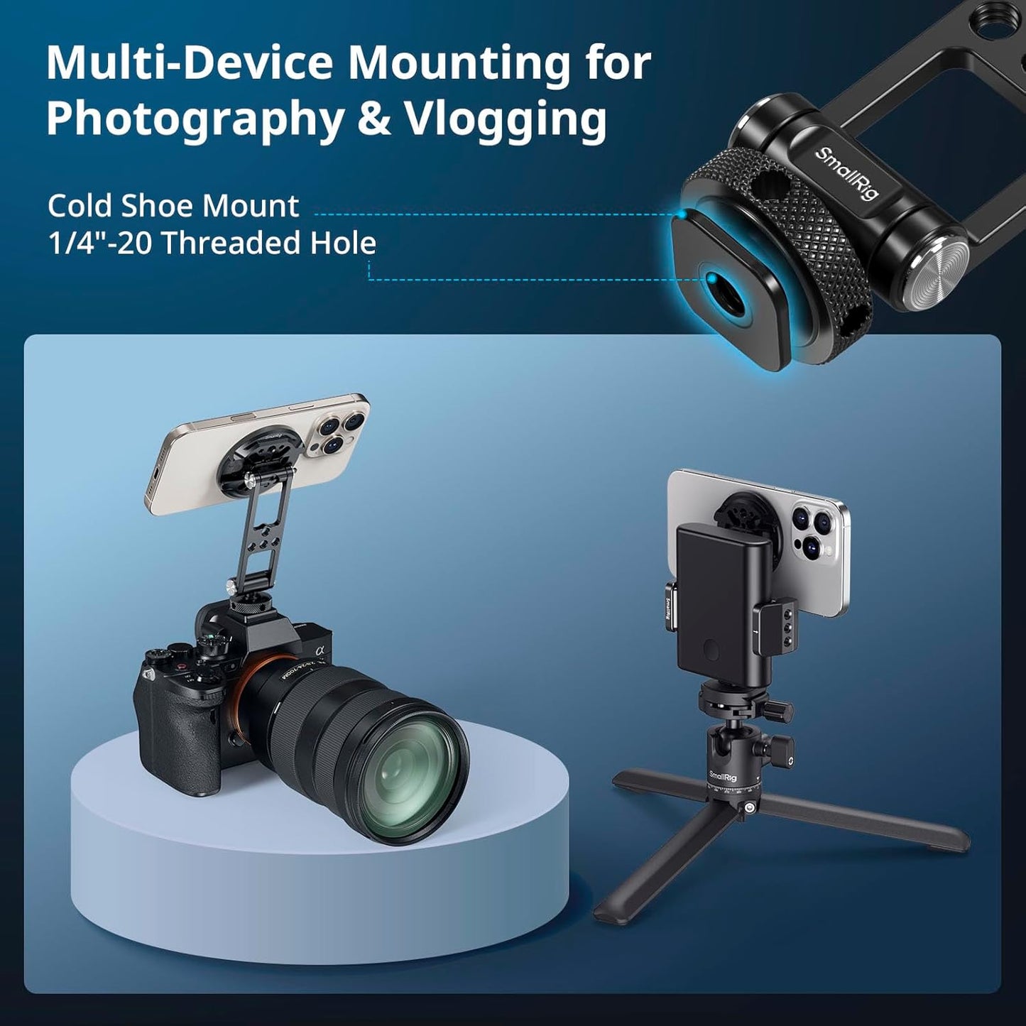SMALLRIG 17/16/15, 5156 Magnetic Metal Phone Mount with Cold Shoe Mount, Adjustable Rotatable Phone Tripod Holder