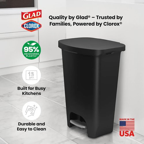 Glad 13 Gallon Trash Can - Hands-Free Plastic Kitchen Waste Bin with Odor Protection | Black