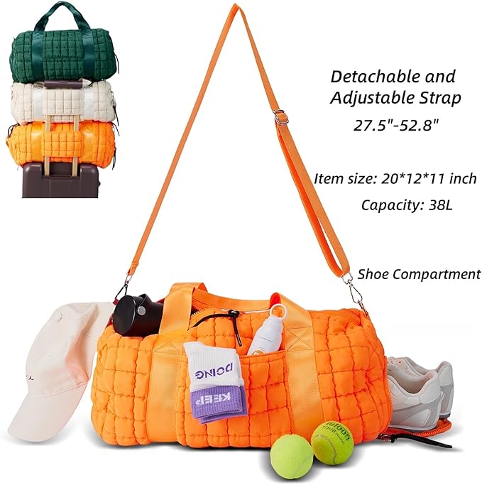 Quilted Duffel Gym Bag for Men and Women Carry On Travel Sport Weekender Bag, Off White