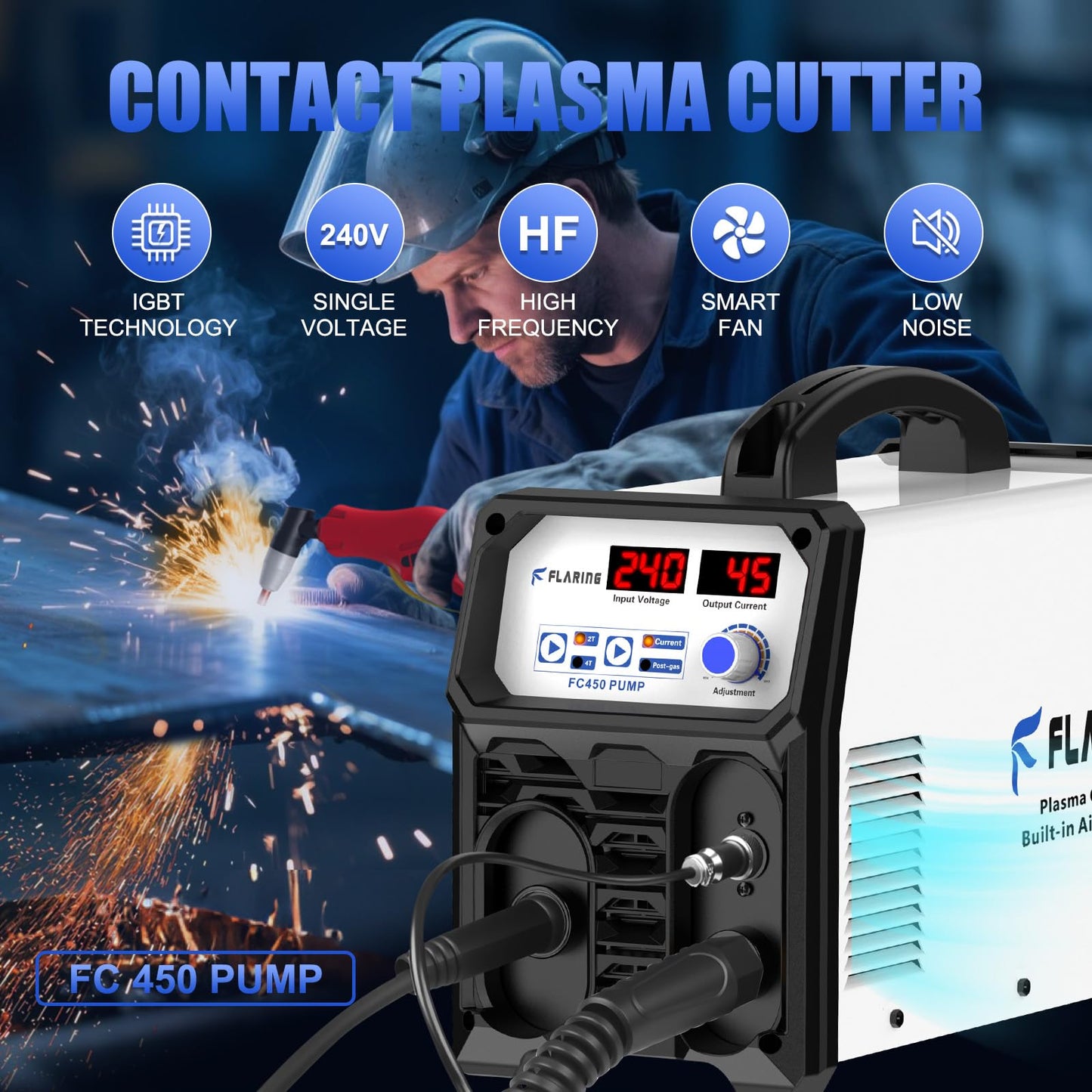 FLARING 240V Plasma Cutter With Built In Air Compressor 45A IGBT Inverter Digital Plasma Cutting Machine, 3/8 Inch Clean Cut And 5/8 Inch Max Cut High Frequency (No External Compressor Needed)