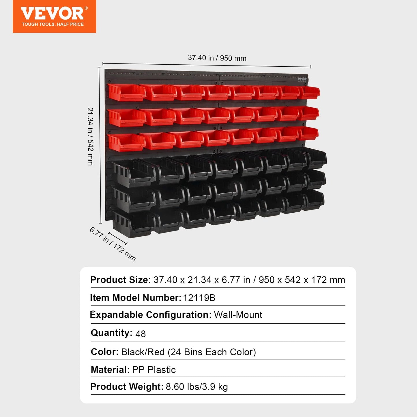 VEVOR 48-Bin Wall Mounted Storage Bins Parts Rack Organizer Garage Shop Tool Organizer for Screws, Nuts, Bolts, Nails, Beads, and Small Hardware Parts, With Wall Panels
