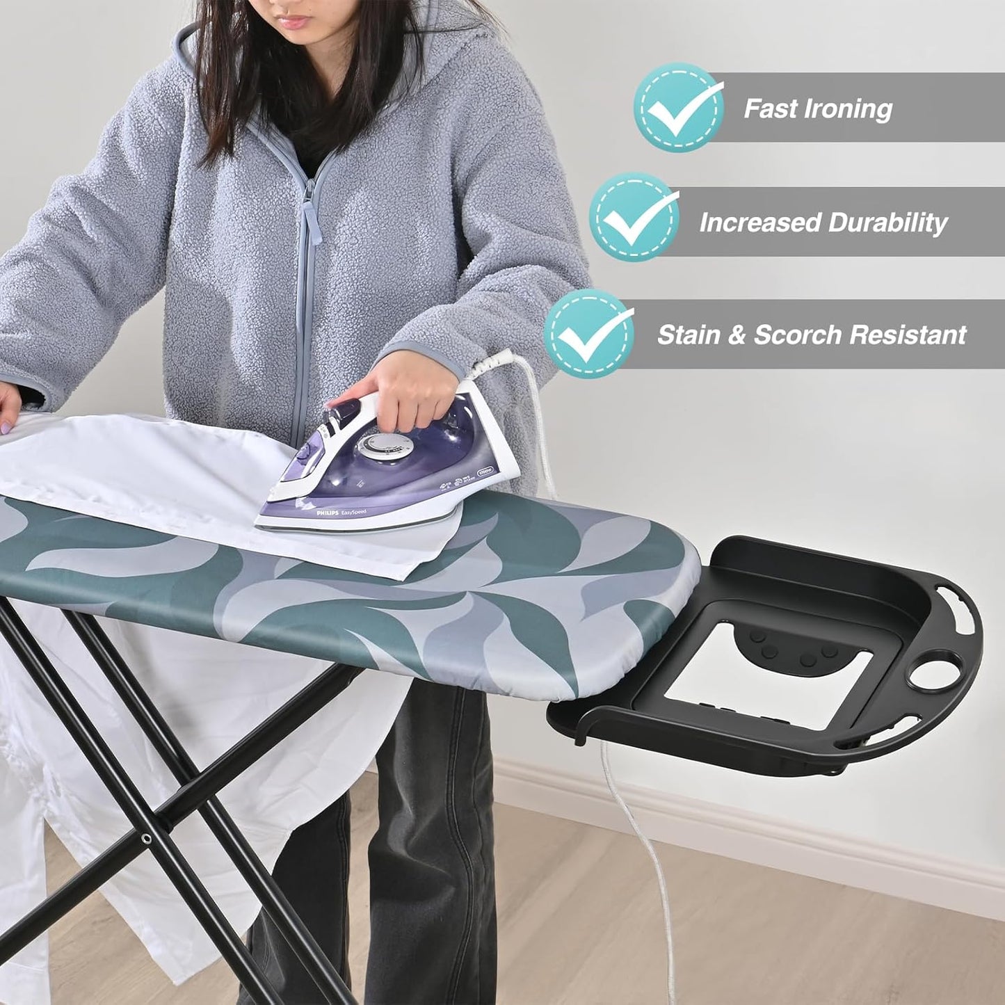APEXCHASER Foldable Ironing Board - Full Size with Heat Resistant Cover & 7-Lever Height Adjustment | Blue 14x54