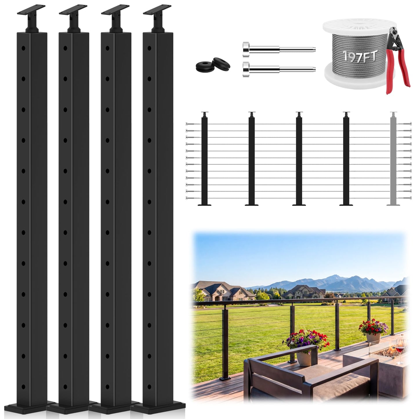 Gyykzz 42" Modular Cable Railing Post Kits 4 Pack, Adjustable Top Level Drilled Deck Post, Cable Railing System Including 4 Railing Post, 197ft Cable, 24 Terminal, 96 Cable Grommets (No Handrail)