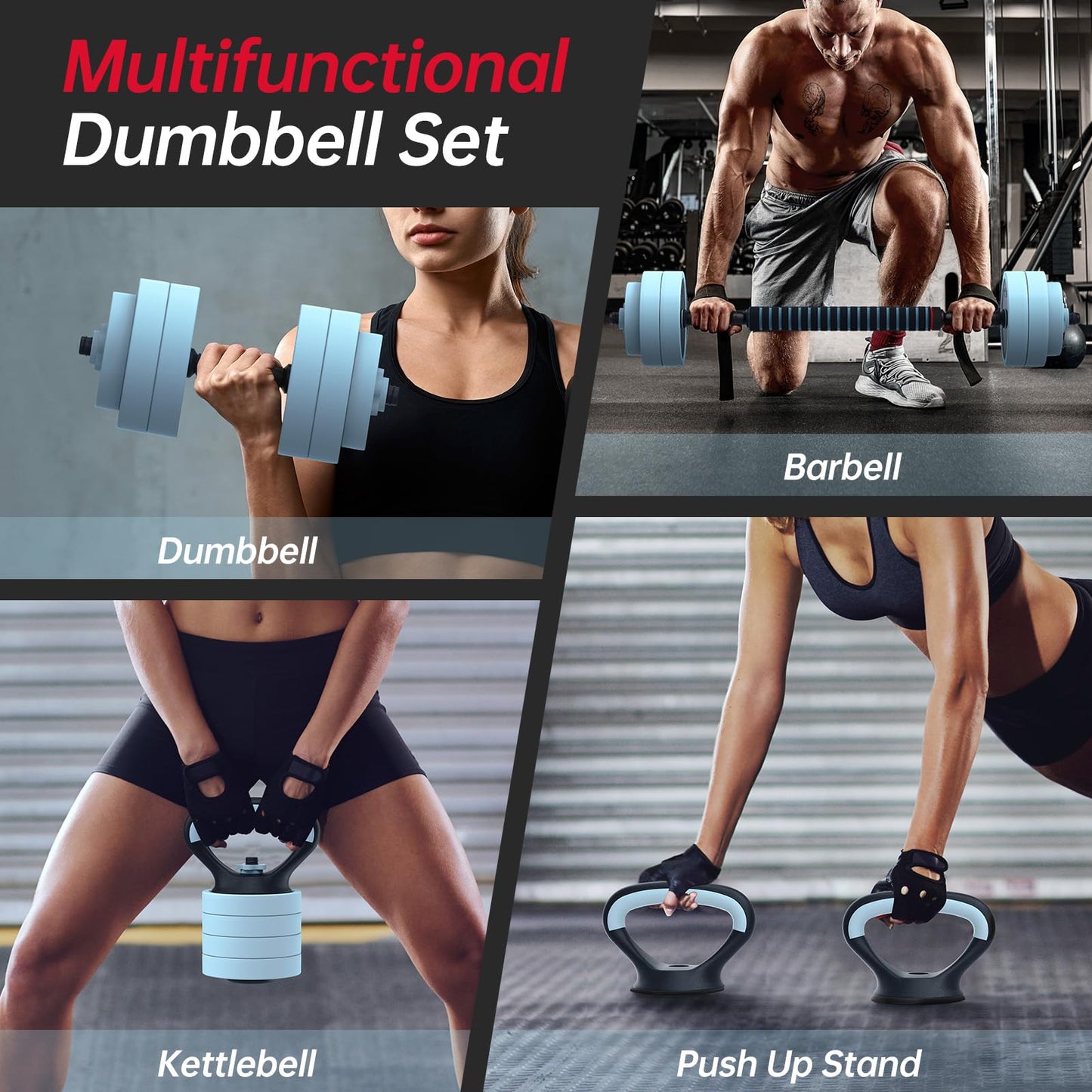 PASYOU Adjustable Dumbbell Set, 45lbs Free Weight Set with Connector, 5 in 1 Weight Set Used as Kettlebells, Barbell, Push up Stand, Fitness Exercises for Home Gym Suitable Men/Women