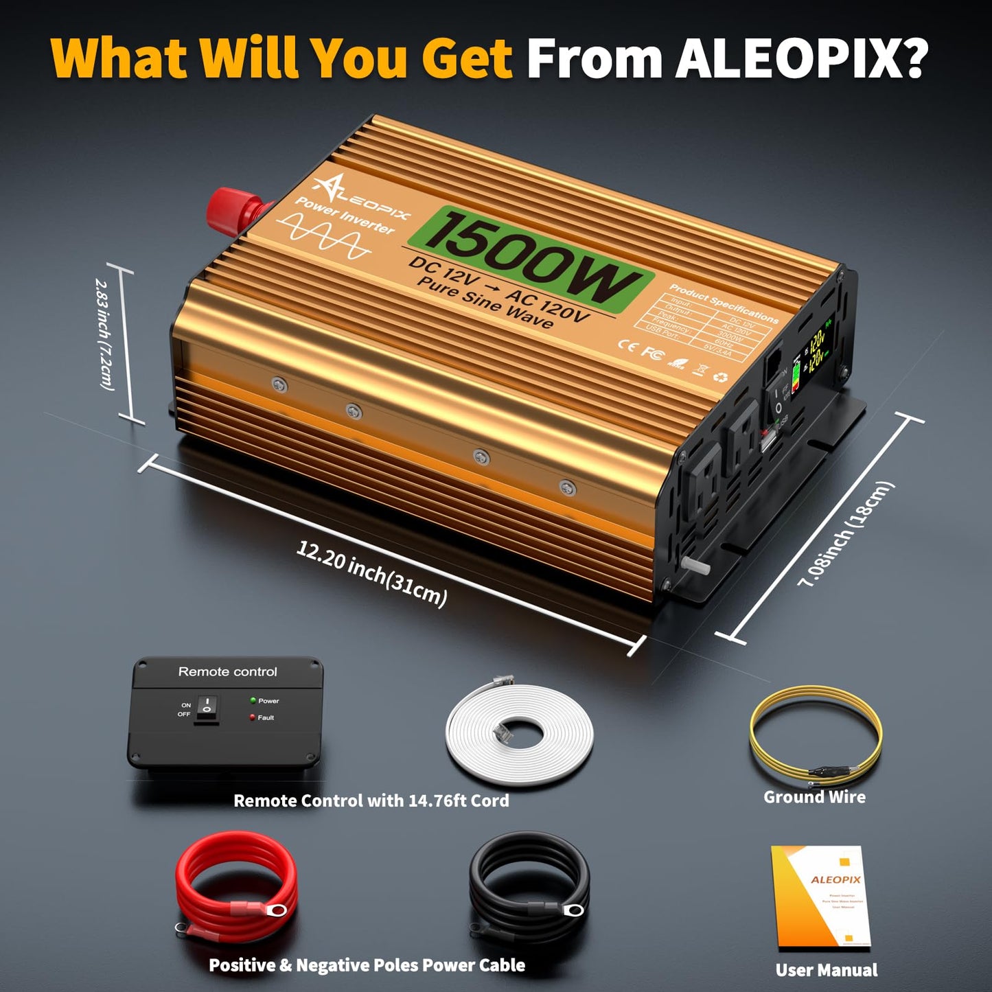 1500 Watt Inverter 12V DC to 110V/120V AC, Pure Sine Wave Inverter for Truck/RV/Home/Solar/Off-Grid, Surge 3000W Pure Sine Power with 2 AC Sockets, 5V 3.4A USB, Digital Display, Remote Controller