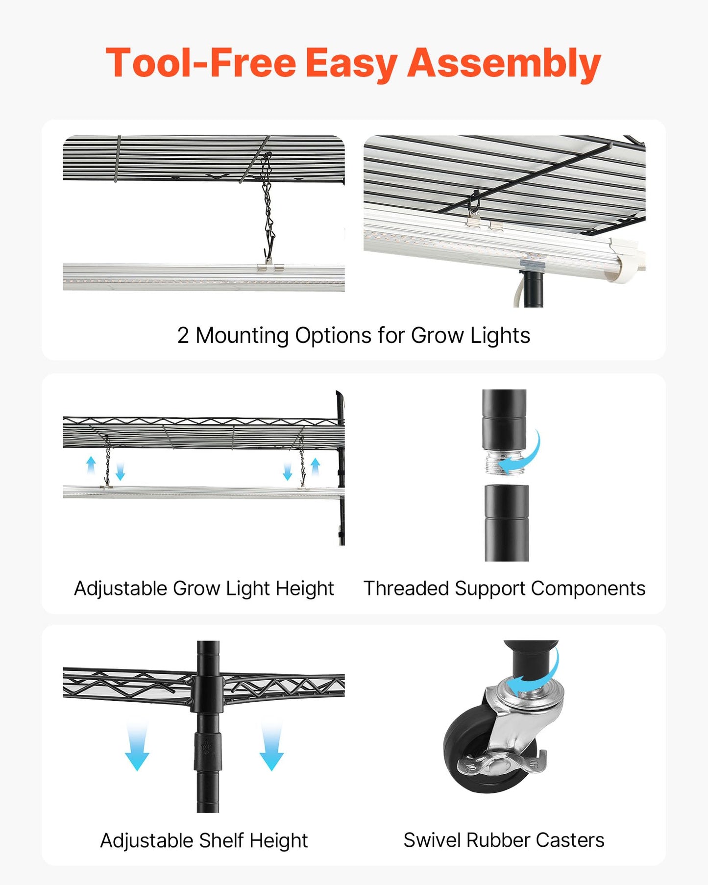 VEVOR Plant Shelf with Grow Light, 6-Tier Indoor Plant Stand, 71in Tall Indoor Plants Display Rack with Wheels & Timer, 150W 3800K Full Spectrum Grow Lights, Metal Flower Pot Holder for Seed Starting