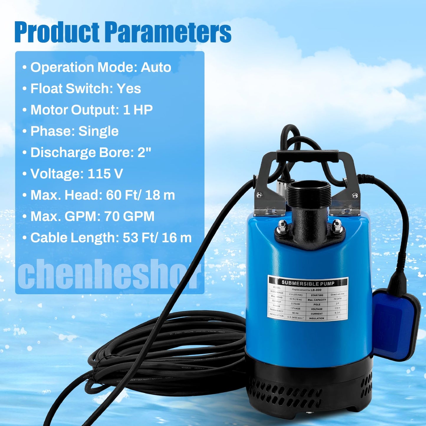 LB-800 1 HP 115V Submersible Dewatering Pump w/Float Switch Replacement for LB-800-62 2'' Straight Male NPT Submersible Drainage Utility Pump Single Phase 70 GPM