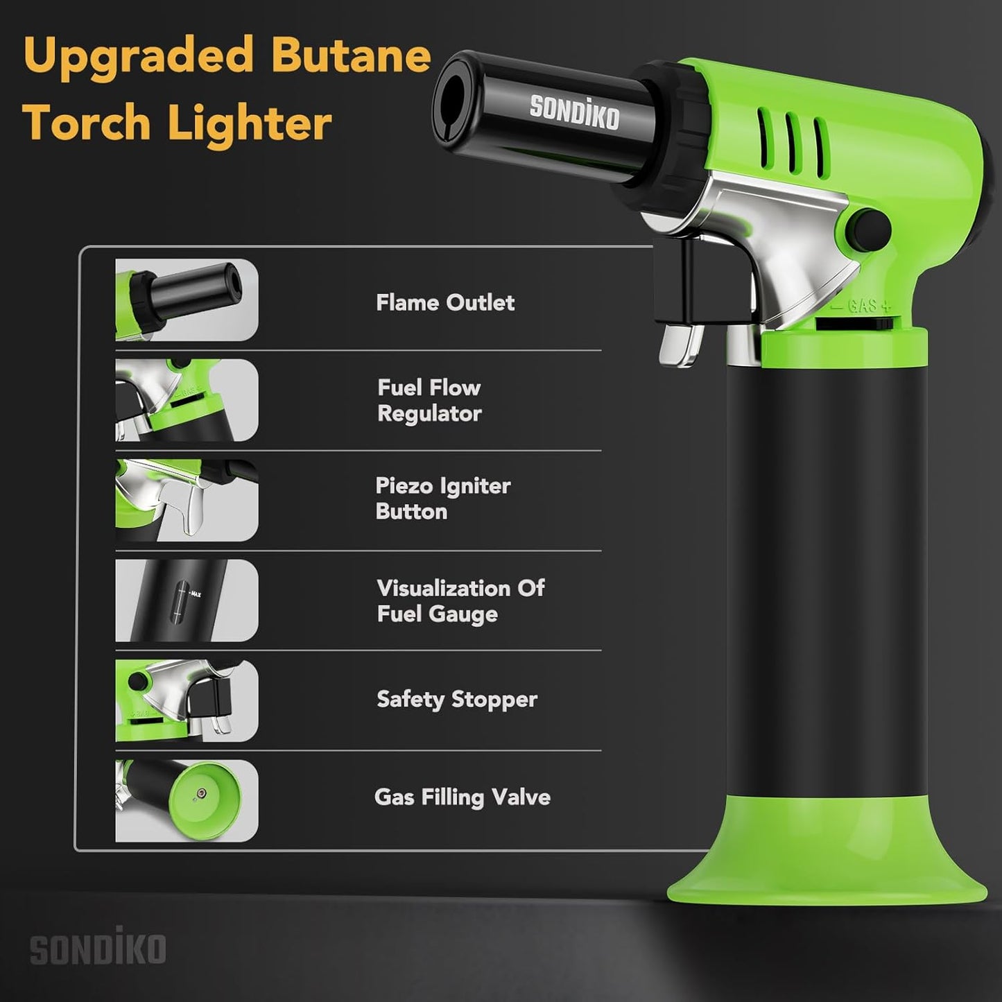 Sondiko Butane Torch - Refillable Soldering Lighter with Adjustable Flame & Fuel Gauge | Green & Black