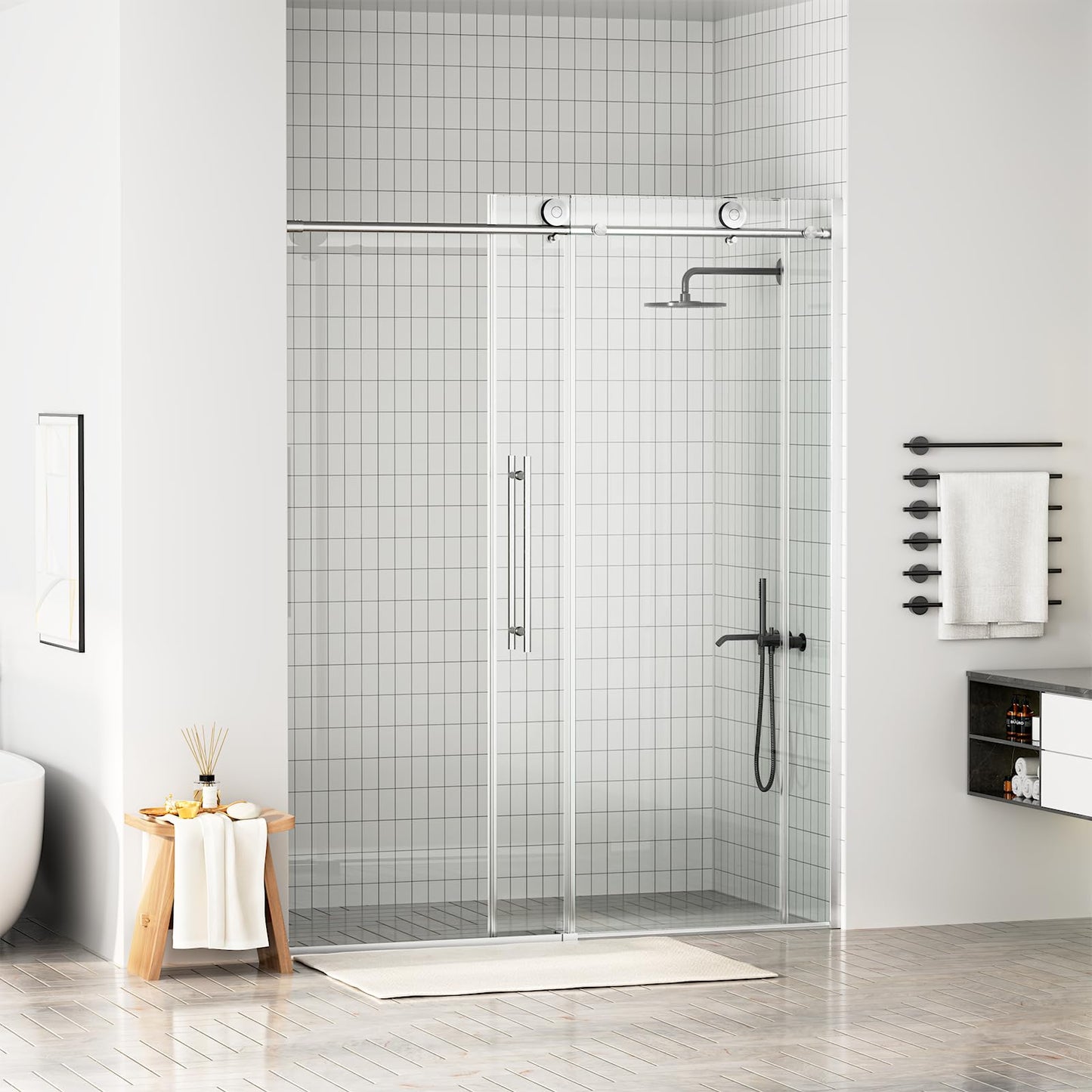 WinZo Frameless Shower Door 56-60 in W x 75 in H, Sliding Shower Door with 5/16"(8mm) Clear Tempered Glass Shower Door, Easy to Clean Bathroom, Silent Soft-Close Design, Brushed Nickel