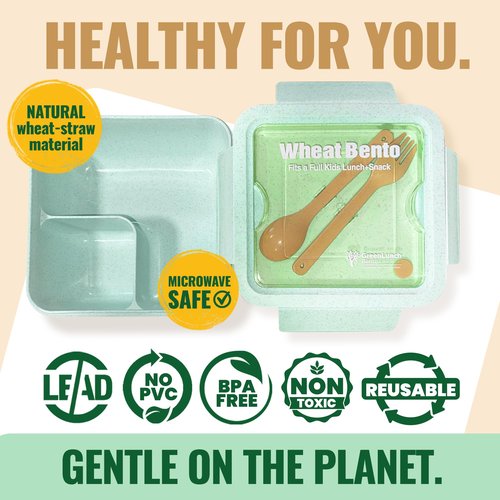 GreenLunch Bento Lunch Box for Kids, Large 2-Compartment, Durable and Microwave Safe, BPA-Free with Utensils, Wheat Straw Bento Box for Kids – Green