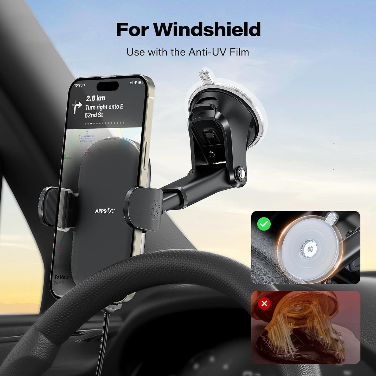 APPS2Car 15W Suction Phone Mount Wireless Car Charger, Dashboard Wireless Charger for Car, Compatible with iPhone