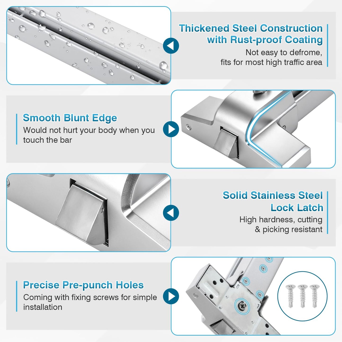 IRONWALLS 32 Inch Panic Bars for Exit Doors, Commercial Emergency Exit Push Bar Panic Exit Device with Exterior Lever Trim for 32" to 48" Wood Metal Door, Heavy Duty Steel Panic Door Hardware, Silver