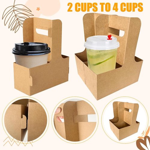 2 Cup Disposable Drink Carrier for Delivery with Handle, 10 Kraft Paperboard Cup Holder, Cup Carriers for Hot or Cold Drinks, to Go Coffee Cup Holder for Food Delivery Brown