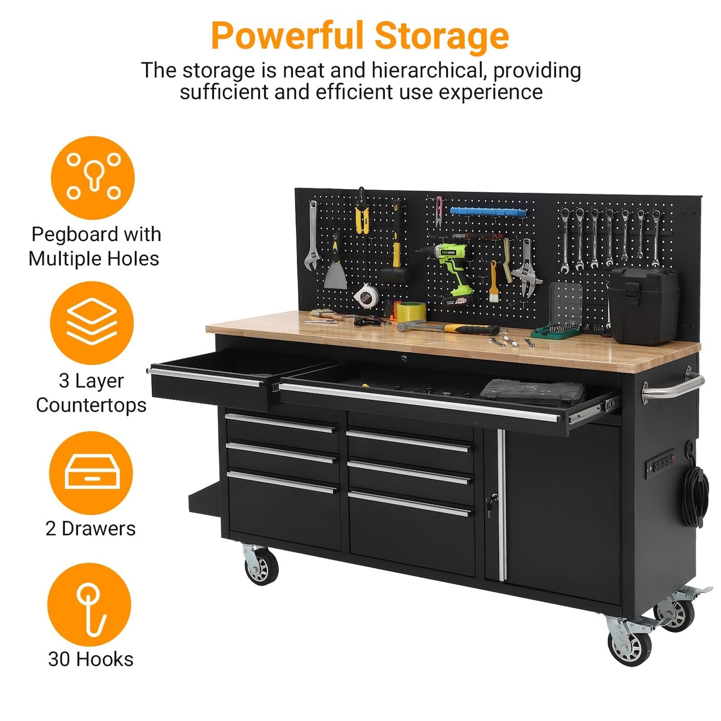 MilleLoom Tool Chest, 61 Inch Tool Box Mobile 9 Drawers Storage Rolling Cabinet with Wheels Lock Key Locking System Drawer Liners for Garage Warehouse Repair Shop, Black
