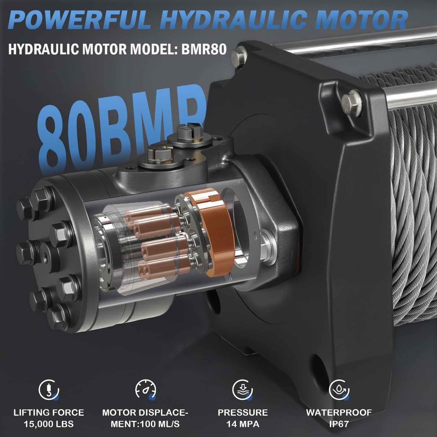 Hydraulic Winch - 2/5" x 78' Steel Cable, BMR80 Hydraulic Motor, 36:1 Gear Ratio - Suitable for Wreckers, Tow Trucks and Vehicle Recovery (78FT Steel Rope/15000 LBS)