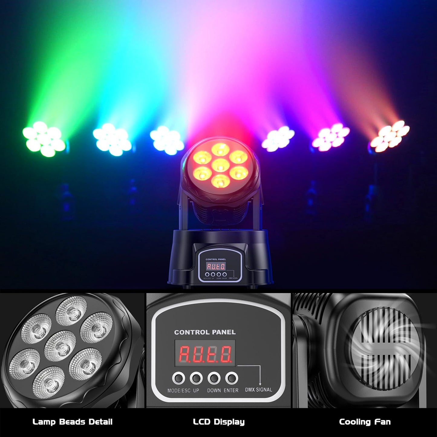 U`King Moving Head Light RGBW Stage Lighting DJ Lights 7 x 10W LED Beam Spotlight 9/14 CH Wash Light with DMX and Sound Activated for Party Church Wedding Bar Christmas Halloween Disco (2 Pack)