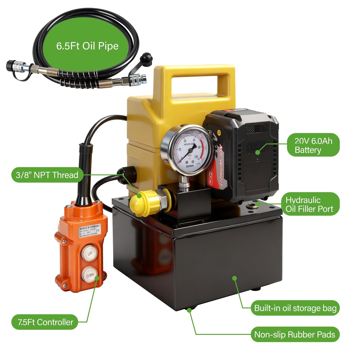 20V Battery Hydraulic Pumps 10000 PSI 800W Electric Pumps Power Pack Unit 0.4 US Gal Capacity, 6.5 ft Oil Pipe, Single-Acting Solenoid Valve with Handheld Switch for Punching/Bending/Jack