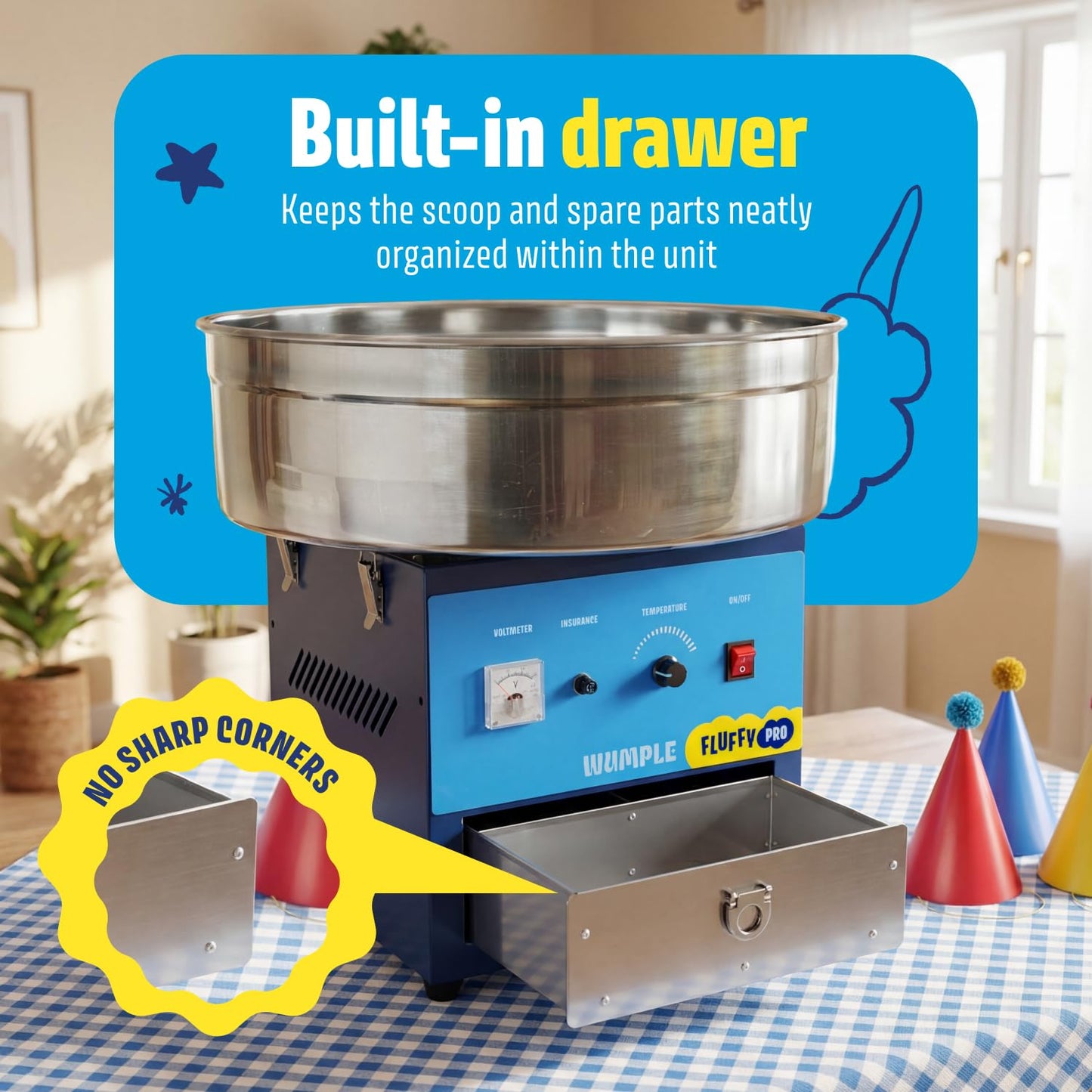 Wumple Cotton Candy Machine Pro Bundle - Commercial Electric Maker with Drawer, Large Stainless Steel Bowl & 3 Flavored Sugars - 70 Cones Included - Perfect for Parties & Business - Blue