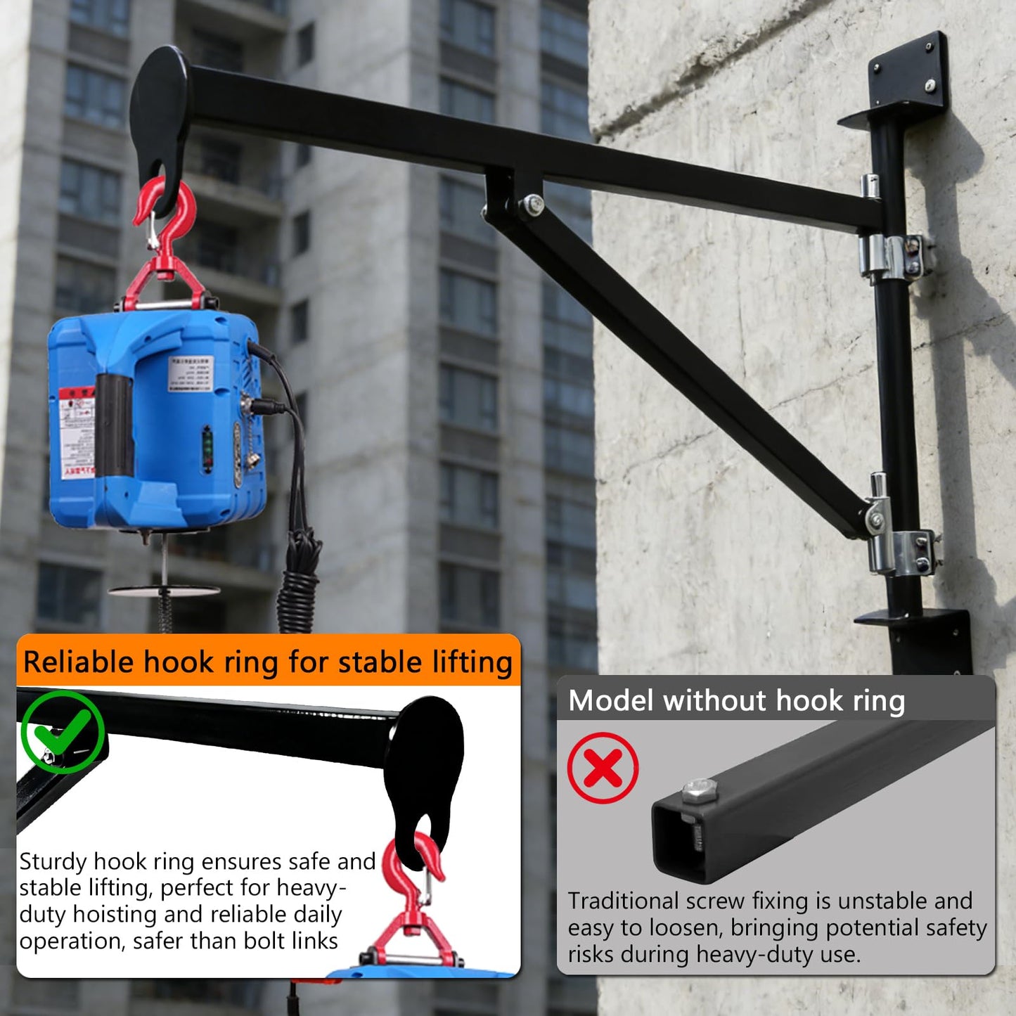 Erivanya Wall Mount Jib Crane, 180 Degree Rotation Electric Scaffolding Lift with 660lbs Max Load Capacity, Electric Hoist Holder Swing Arm with Pole