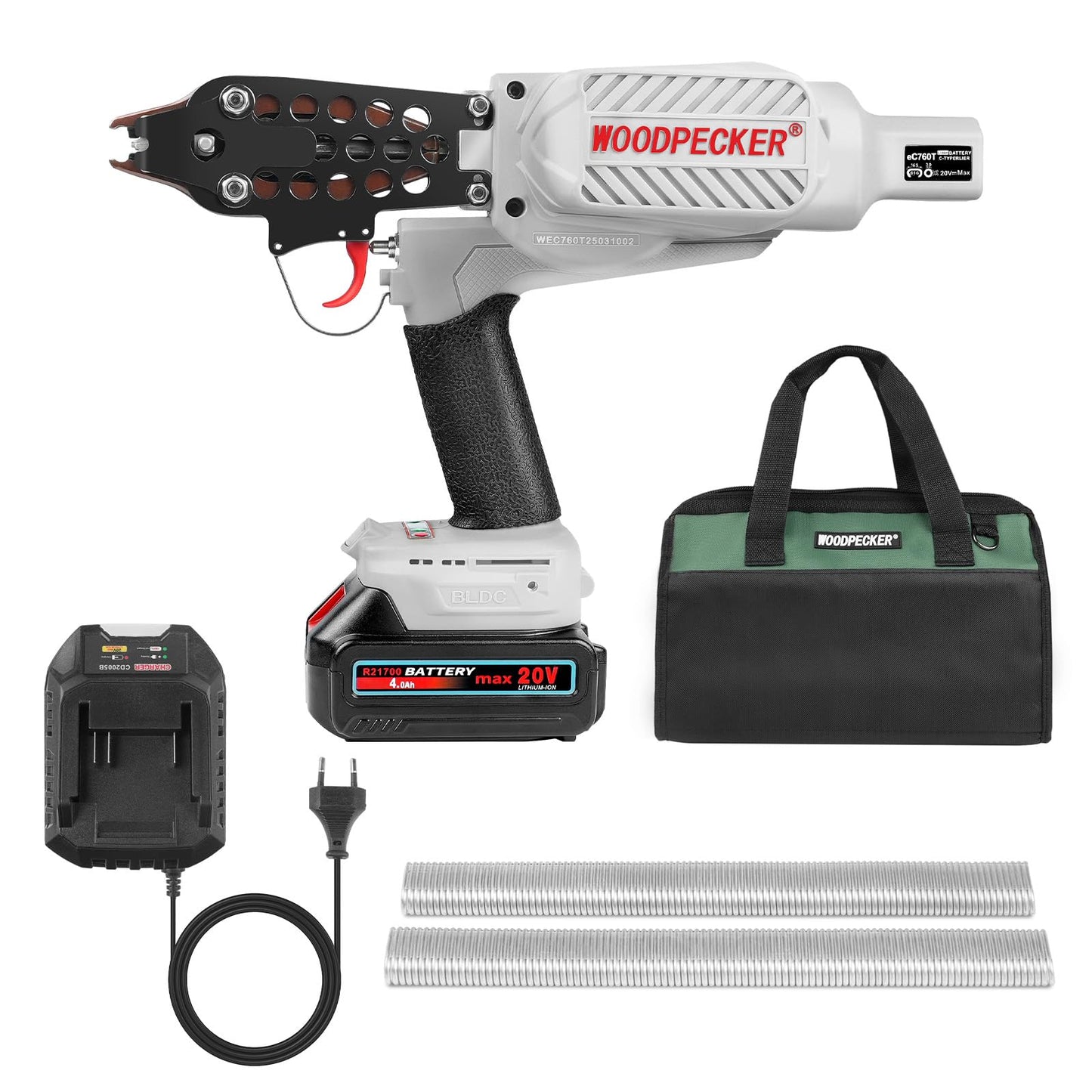 WOODPECKER eC760T 16GA Cordless 20V 4.0Ah Electric Hog Ring Gun, 1/2-Inch Crown, 3.0-4.0mm Closure Diameter, Battery Powered C Ring Plier Tool for Fencing, Wire Cages