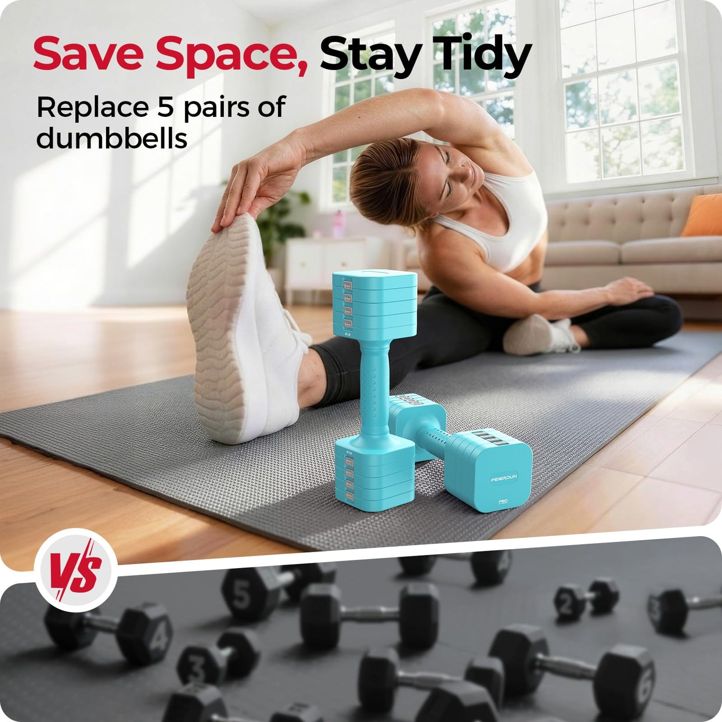 FEIERDUN 5-in-1 Adjustable Dumbbell Set of 2, 12LBS/20LBS Hand Weights for Women, 1s-Adjust Dual-Stable Dumbbell Set for Women Home Gym & Outdoor