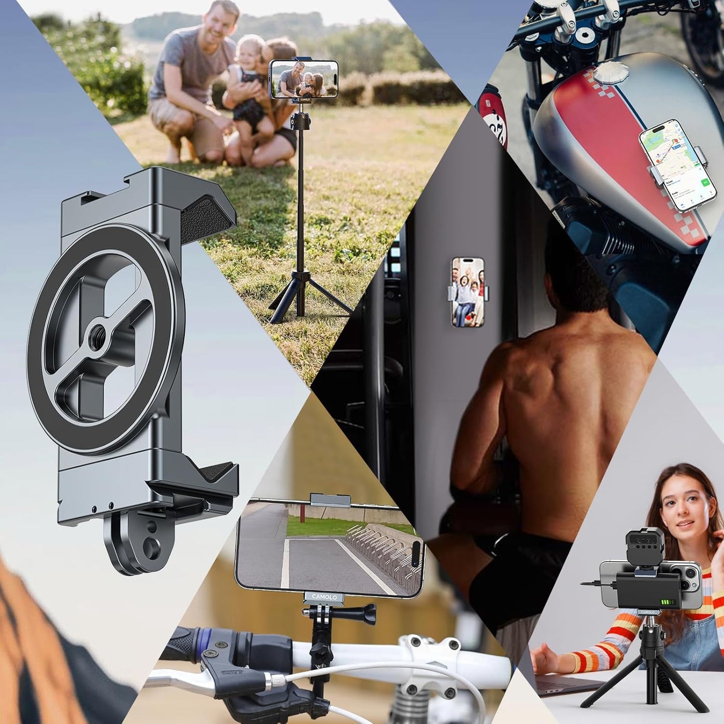 CAMOLO GEEK 1/4"-20 16 Metal Phone Tripod Mount with Arca Port & Magnetic Action Camera Adapter, Adjustable Smartphone