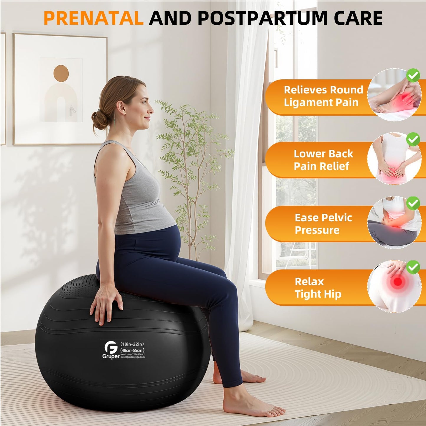 Gruper Yoga Ball, Extra Thick Non Slip Exercise Ball for Workout, Birthing, Balance, Stability, Pregnancy, 4 Sizes Anti Burst Chair for Home and Office, Includes Quick Pump & Fitness Guide