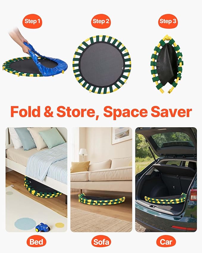 VEVOR 3FT Trampoline 36" Indoor/Outdoor for Toddlers, Foldable Mini Baby With Foam Handle, Recreational Birthday Gift