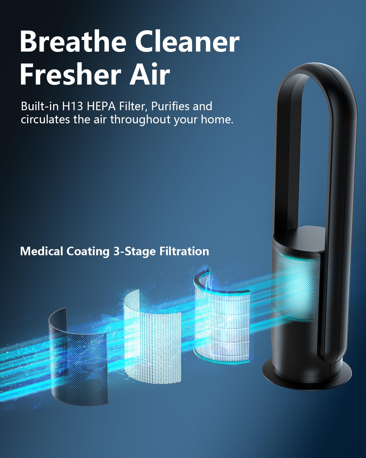 U ULTTY Bladeless Tower Fan and Air Purifier in one, Quiet Tower Fan with Remote, Touch, 9 Speeds, 8H Timer, HEPA Filter 99.97%, 90° Oscillation Fans, Floor Fans Powerful for Home Office Room, Black