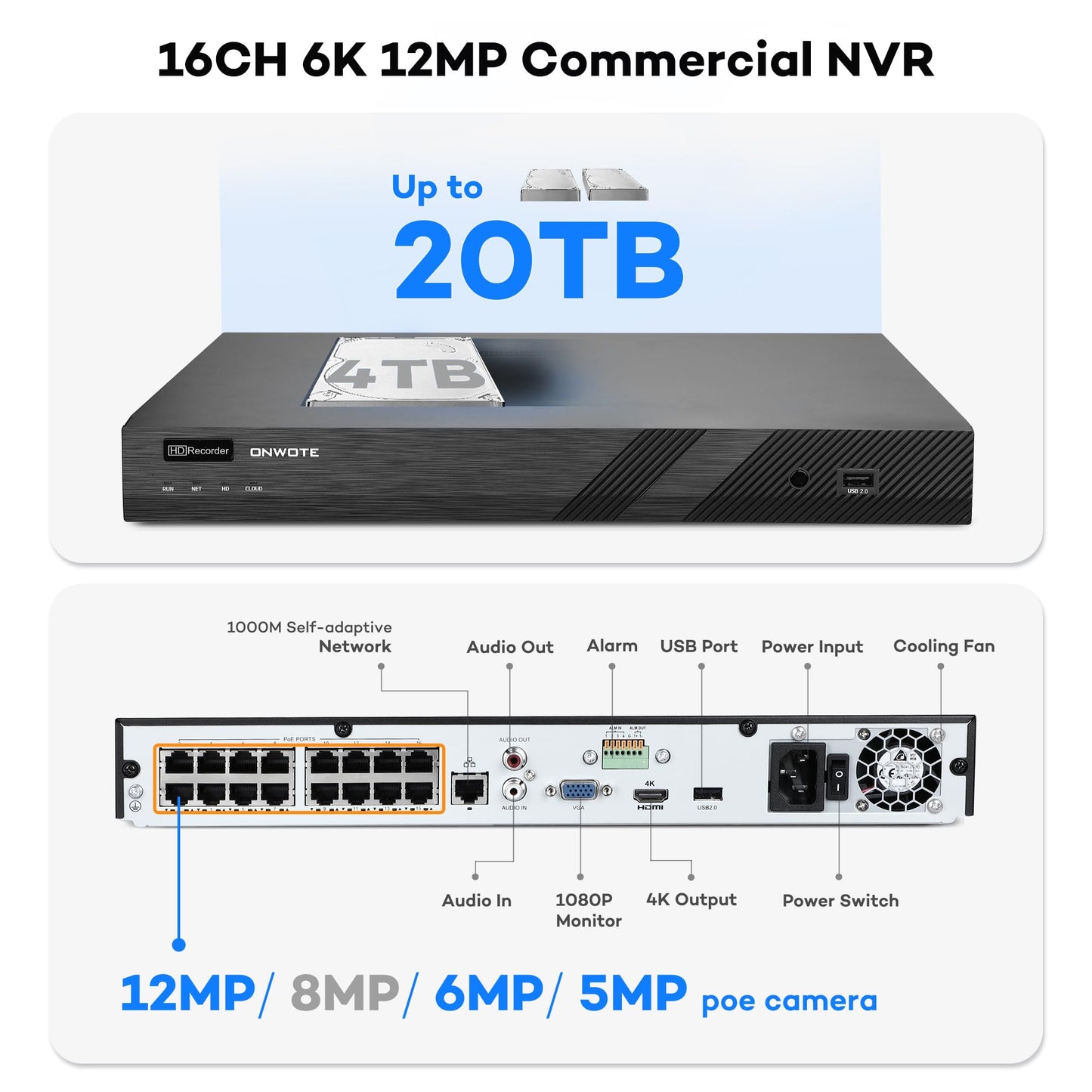 ONWOTE 16 Channel 4K PoE Security Camera System, 16CH 12MP Commercial NVR 4TB, 16x 8MP 134° Outdoor IP Cameras with Audio, AI Detect Human Vehicle, 16x Cables (Total 1280ft), Wired CCTV for Businesses