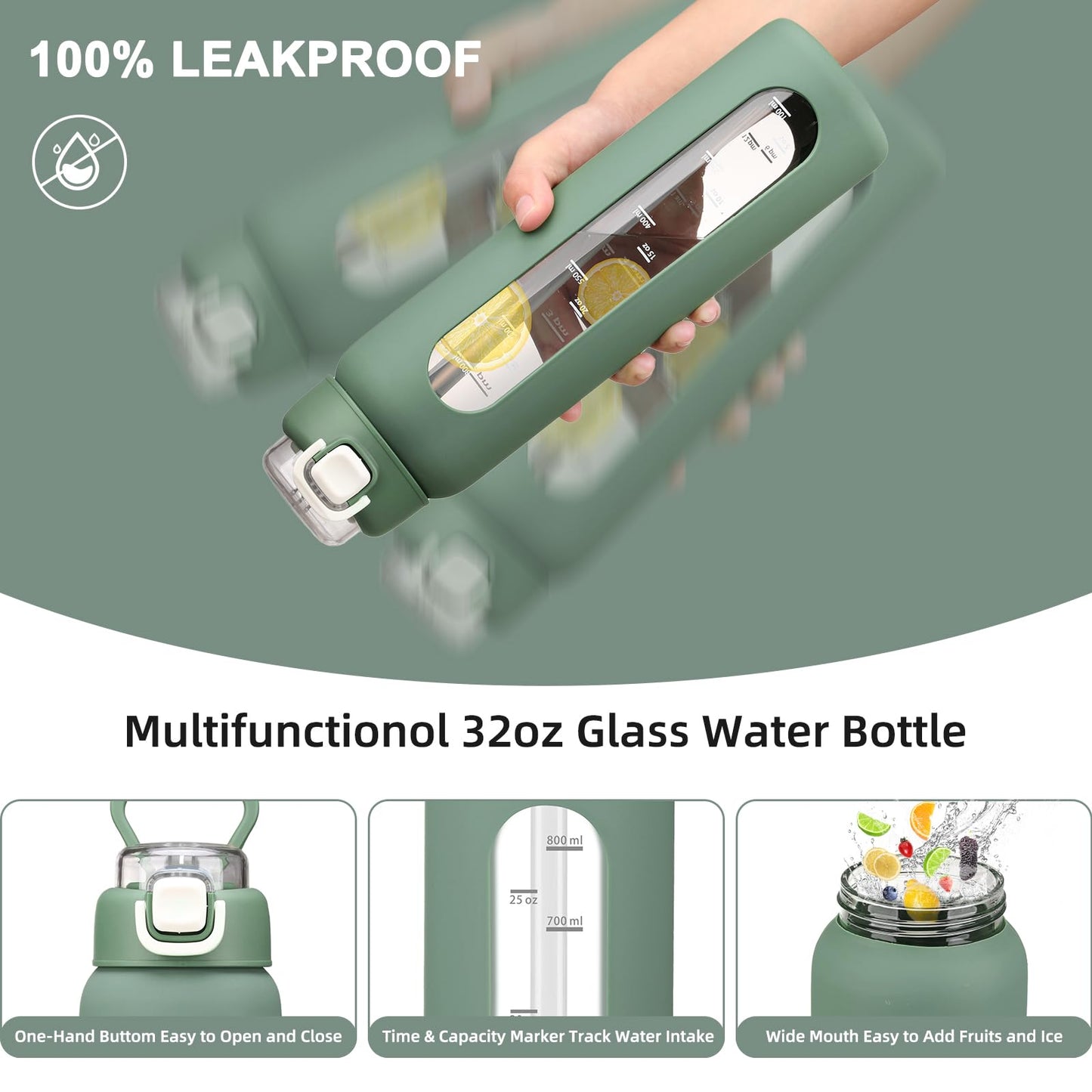 chunmo 32 oz Glass Water Bottles with 2 Lids-Handle Spout Lid & Straw Lid, 1 Liter Motivational Borosilicate Water Bottle with Time Marker and Silicone Sleeve,Leakproof-Olive-1 Pack