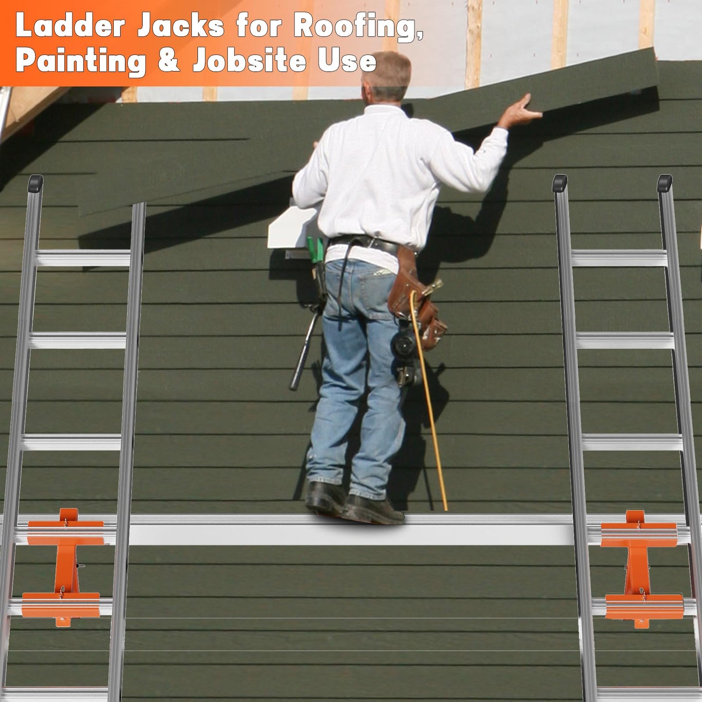 Kweetle Ladder Jacks for Scaffolding Platform 2-Pack, Heavy-Duty Steel Ladder Jacks Scaffold Bracket, 350 lbs Capacity, Two-Rung Short Body Extension Ladder Jack for Roofing, Painting & Jobsite Use