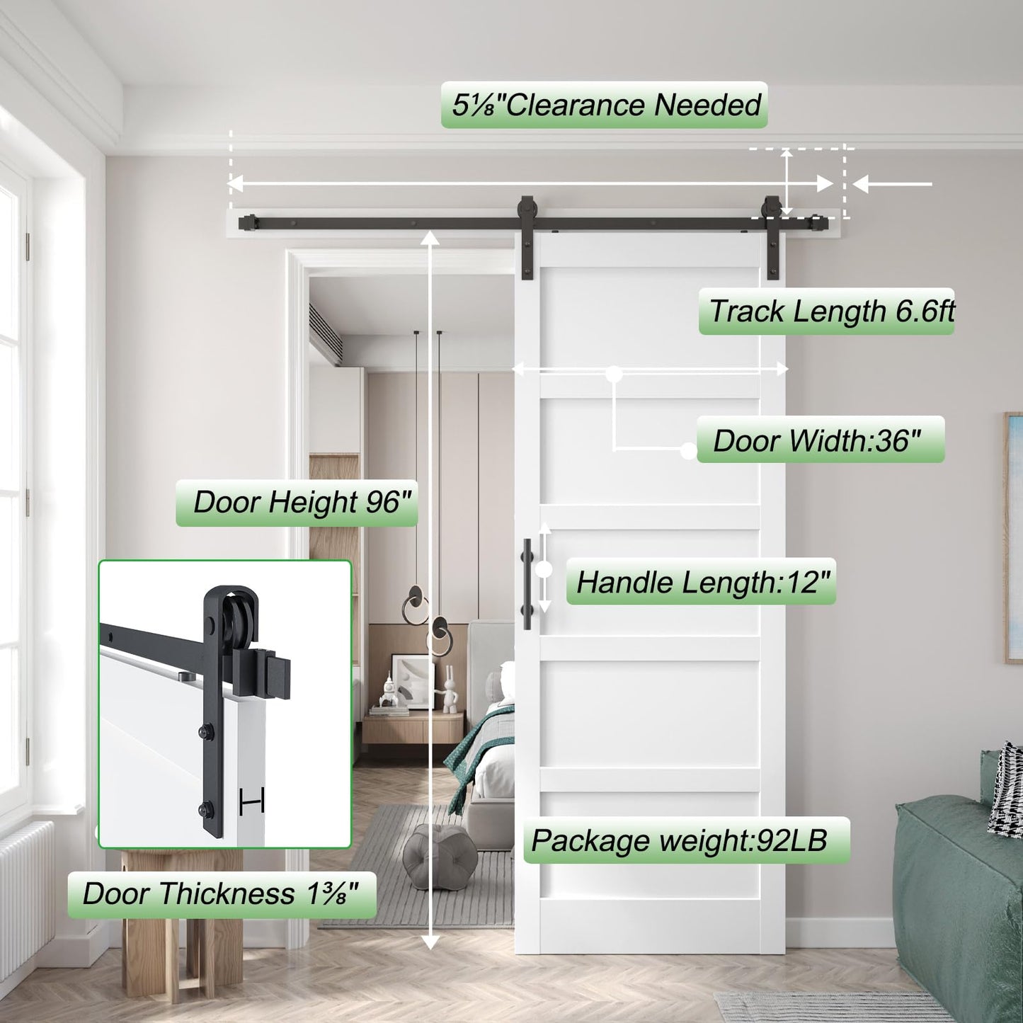 Fredbeck 36x96 inch White Barn Door with 6.6FT MDF Sliding Door Hardware Kit Included & Handle,Solid PVC Surface,DIY Assembly,5-Panel