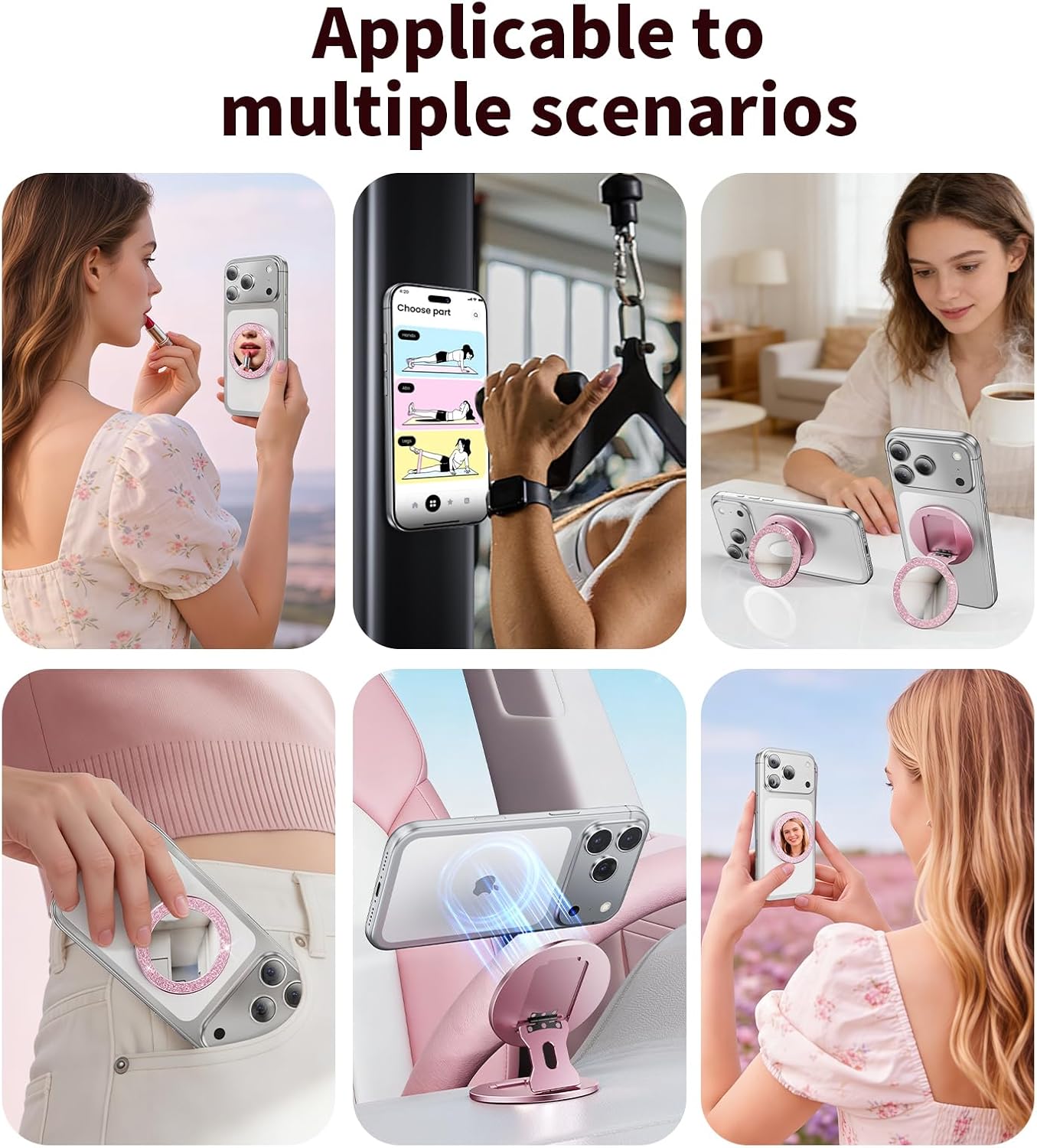 Blissfuhue 17/16/15/14 Portable Double-Sided Magnetic Phone Holder with Mirror, for Magnetic Phone GripFoldable
