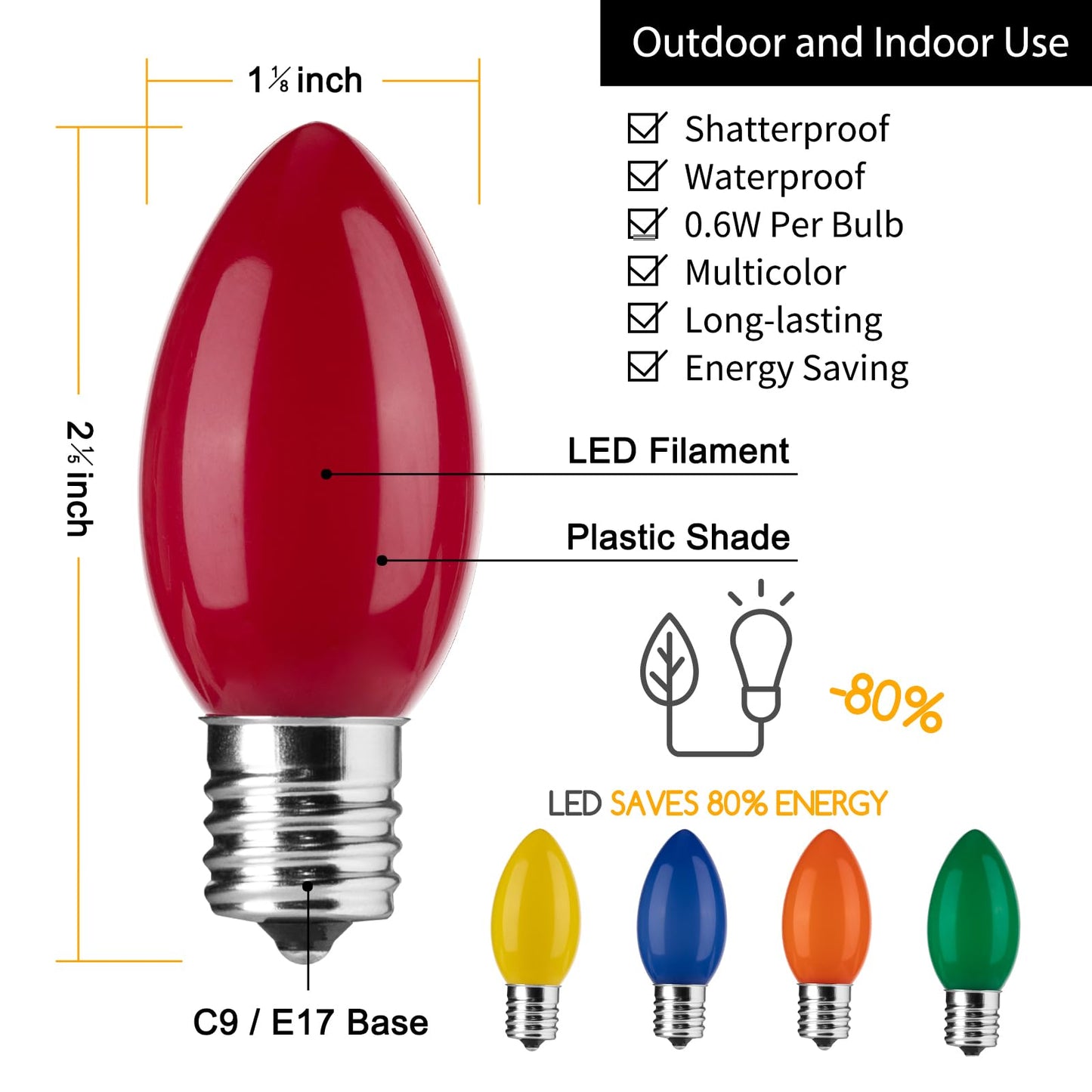 Minetom C9 LED Christmas Light Bulbs, 25 Pack, Multicolor, Shatterproof Plastic, E17 Intermediate Base, Dimmable Holiday Bulbs