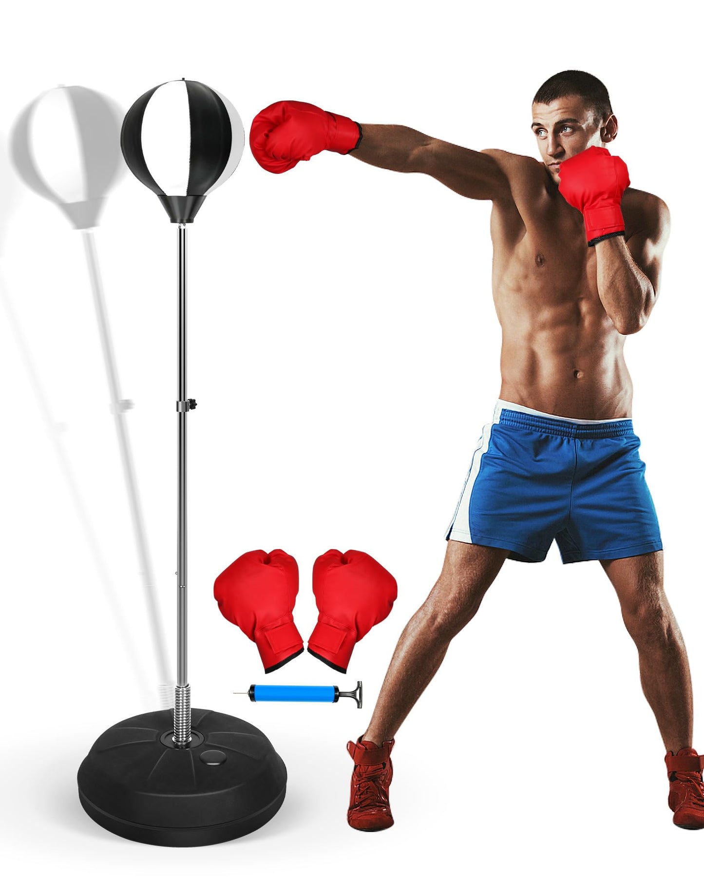 47-59IN Fitness Reflex Bag,Speed Ball Stand Punching Bag with Gloves, Boxing Bag for Adults and Teens, Great for Gifts MMA Training(Black White)
