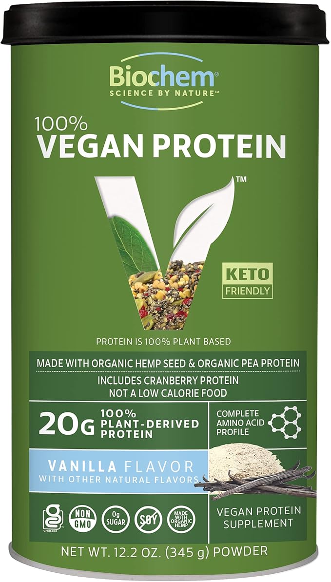 Biochem Vegan Protein Powder ??20g Plant-Based Protein for Muscle Support ??Organic Pea, Hemp & Cranberry Protein ??Low Carb, Low Fat, Gluten-Free, Non-GMO, Keto-Friendly ??Vanilla Flavor ??12.2 oz
