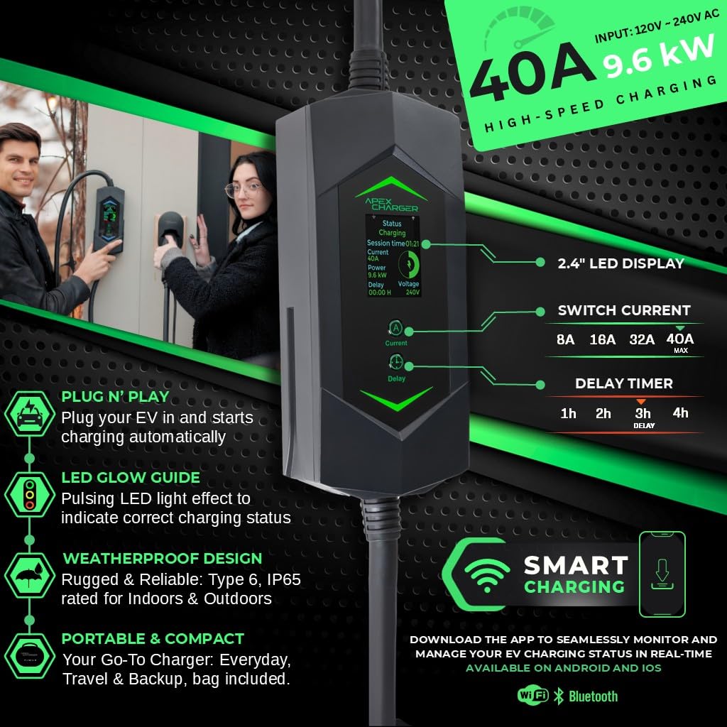 MACH 3 Fast 40 Amp Level 1&2 Portable EV Charger, Electric Vehicle Charging Station, 120-240V NEMA 14-50 w/ 5-15 Adapter. SAE J1772 car Connector & Tesla mobile NACS, Outdoor EVSE, 25ft Cable w/holder