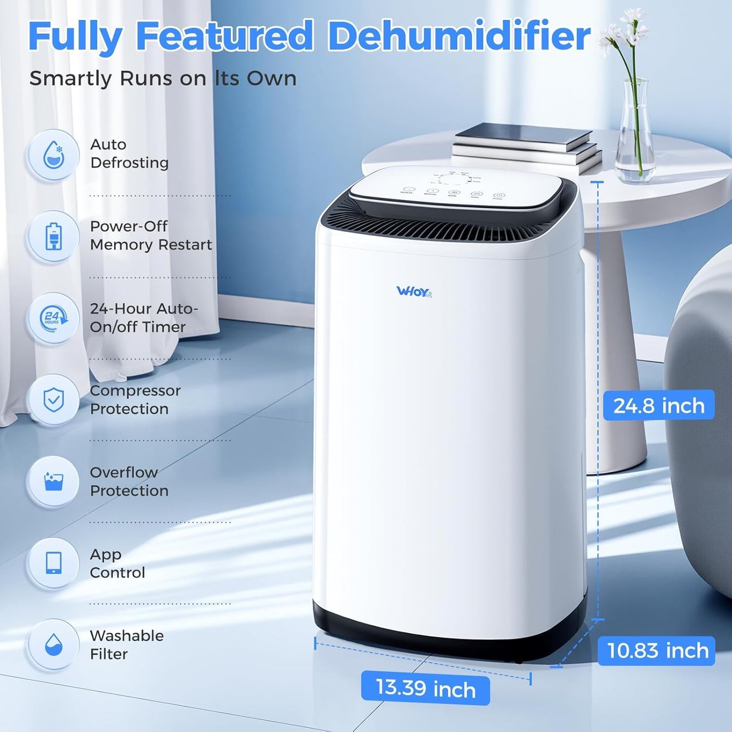 WHOY 80 Pints Smart Dehumidifier (50 Pints DOE) with App Control, for Basements & Home Up to 5,000 Sq. Ft., Portable with Continuous Drain, Quiet Auto-Control & Turbo Mode