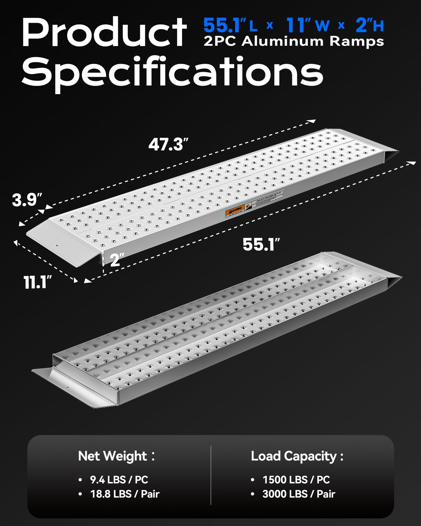 KOLOTOOL 55" L x 11" W Aluminum Shed Ramps for Riding Lawn Mower, Loading Ramps for Sheds & Barns, 3000 lbs Capacity, Non-Slip Lightweight Portable Ramp for Lawn Mowers, Snow Blower, Garden Tractor