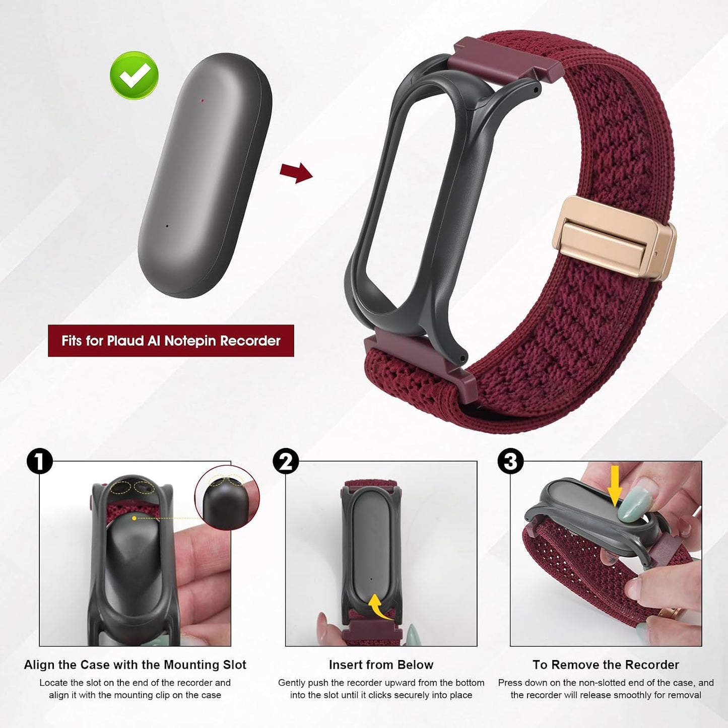 18mm Adjustable Smartwatch Soft Woven Nyon Wristband + Protective Case Base fits for PLAUD AI NotePin Recorder,Upgraded