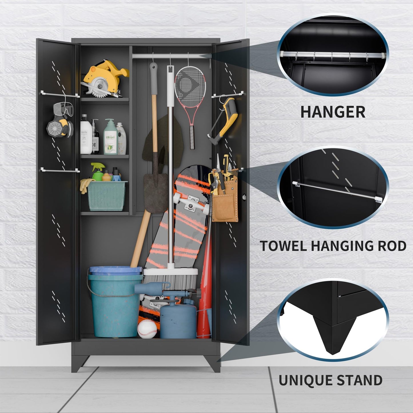 ZONLESON Metal Storage Cabinet, 75" Tall Garage Storage, Utility Cabinet for Brooms and Mops, Metal Locker with Hanging Rod for Garage, Home, Office, Laundry Room, School, Gym, Warehouses, Black