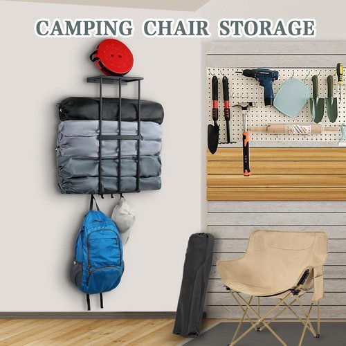 Camping Chair Rack - Wall-Mounted Metal Organizer with 4 Hooks for Garage Storage & Beach Chairs